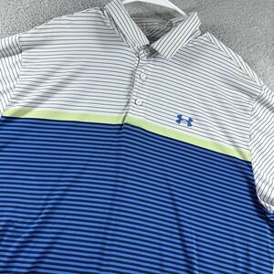 Under Armour Performance Polo‎ Shirt Mens 2XL Blue White Stripe Golf Loose Fit